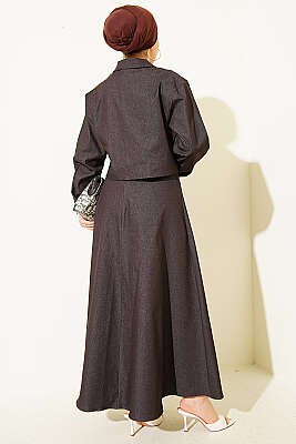 Metal Düğmeli Ceketli Kot Jile Takım Kahve - İkili Takım