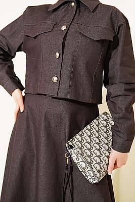 Metal Düğmeli Ceketli Kot Jile Takım Kahve - İkili Takım