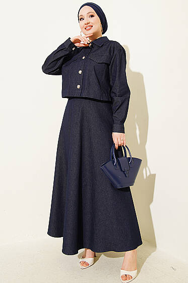 Metal Düğmeli Ceketli Kot Jile Takım Lacivert - İkili Takım