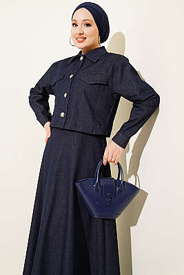 Metal Düğmeli Ceketli Kot Jile Takım Lacivert - İkili Takım