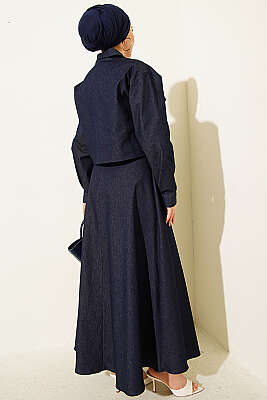 Metal Düğmeli Ceketli Kot Jile Takım Lacivert - İkili Takım