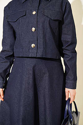 Metal Düğmeli Ceketli Kot Jile Takım Lacivert - İkili Takım