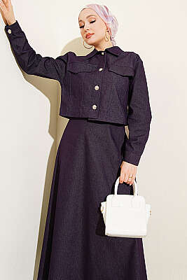 Metal Düğmeli Ceketli Kot Jile Takım Mor - WENNA DESIGN