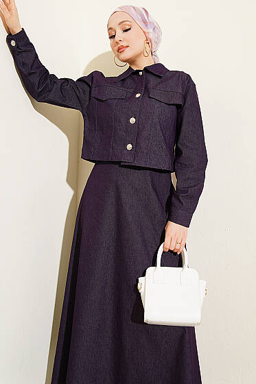 Metal Düğmeli Ceketli Kot Jile Takım Mor - İkili Takım