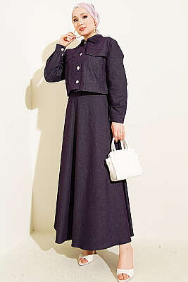 Metal Düğmeli Ceketli Kot Jile Takım Mor - İkili Takım