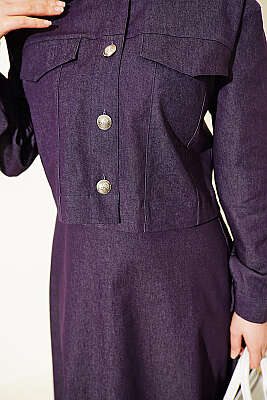 Metal Düğmeli Ceketli Kot Jile Takım Mor - İkili Takım