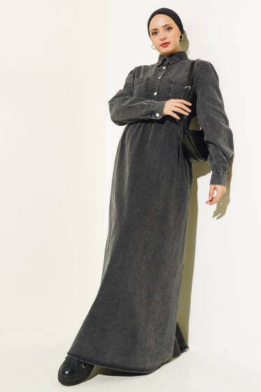 Metal Düğmeli Cepli Kot Elbise Füme - Elbise