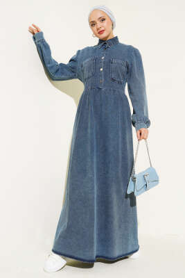 Metal Düğmeli Cepli Kot Elbise Kot - Tesettür Elbise