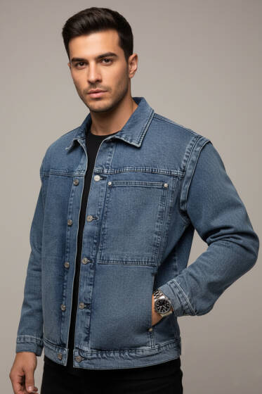 Metal Düğmeli Cepli Kot Erkek Ceket Mavi - Erkek Ceket