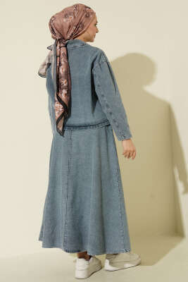 Metal Düğmeli Cepli Kot Etekli Takım Açık Mavi - İkili Takım