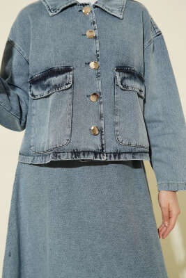 Metal Düğmeli Cepli Kot Etekli Takım Açık Mavi - İkili Takım