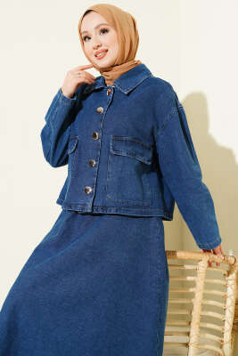 Metal Düğmeli Cepli Kot Etekli Takım Kot - İkili Takım