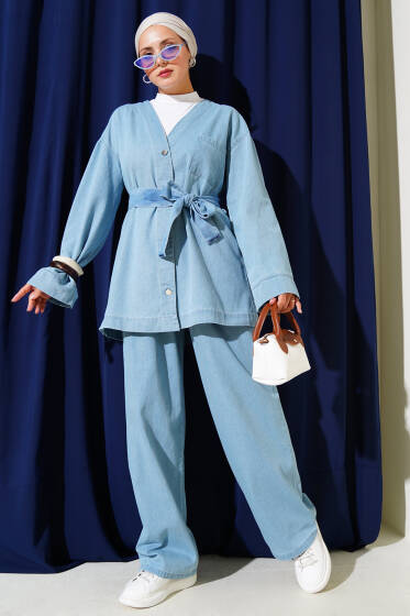 Metal Düğmeli Cepli Kot İkili Takım Açık Mavi - İkili Takım