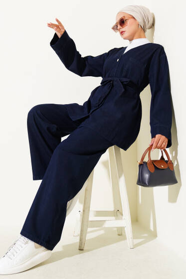 Metal Düğmeli Cepli Kot İkili Takım Lacivert - İkili Takım