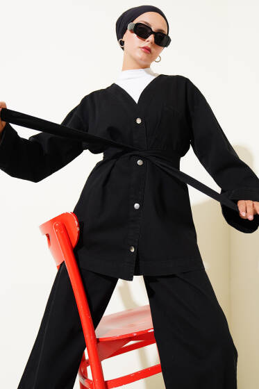 Metal Düğmeli Cepli Kot İkili Takım Siyah - İkili Takım