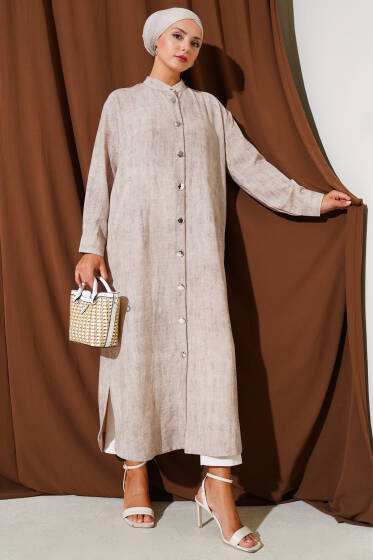 Metal Düğmeli Cepli Uzun Gömlek Bej - Gömlek
