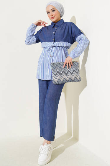 Metal Düğmeli Çizgi Garnili İkili Takım İndigo - İkili Takım