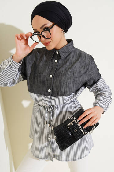 Metal Düğmeli Çizgili Garnili Tunik Füme - Tunik