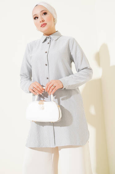 Metal Düğmeli Çizgili Gömlek Gri - Gömlek