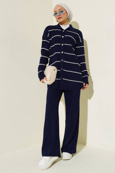 Metal Düğmeli Çizgili Triko İkili Takım Lacivert - İkili Takım
