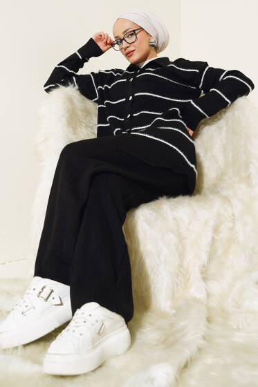 Metal Düğmeli Çizgili Triko İkili Takım Siyah - İkili Takım