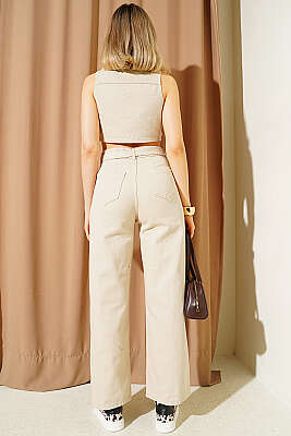 Metal Düğmeli Crop Yelekli Kot İkili Takım Bej - Kadın Giyim Modelleri