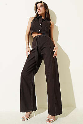 Metal Düğmeli Crop Yelekli Kot İkili Takım Kahve - FİXAY