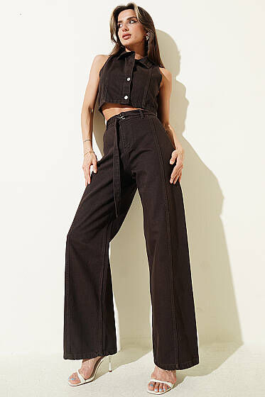 Metal Düğmeli Crop Yelekli Kot İkili Takım Kahve - Kadın Giyim Modelleri