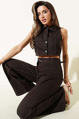 Metal Düğmeli Crop Yelekli Kot İkili Takım Kahve - Kadın Giyim Modelleri