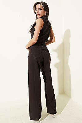 Metal Düğmeli Crop Yelekli Kot İkili Takım Kahve - Kadın Giyim Modelleri