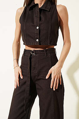 Metal Düğmeli Crop Yelekli Kot İkili Takım Kahve - Kadın Giyim Modelleri