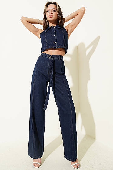 Metal Düğmeli Crop Yelekli Kot İkili Takım Kot - Kadın Giyim Modelleri