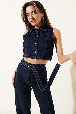 Metal Düğmeli Crop Yelekli Kot İkili Takım Kot - Kadın Giyim Modelleri