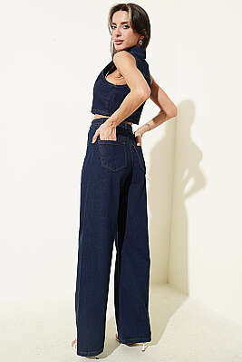 Metal Düğmeli Crop Yelekli Kot İkili Takım Kot - Kadın Giyim Modelleri