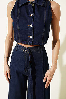 Metal Düğmeli Crop Yelekli Kot İkili Takım Kot - Kadın Giyim Modelleri