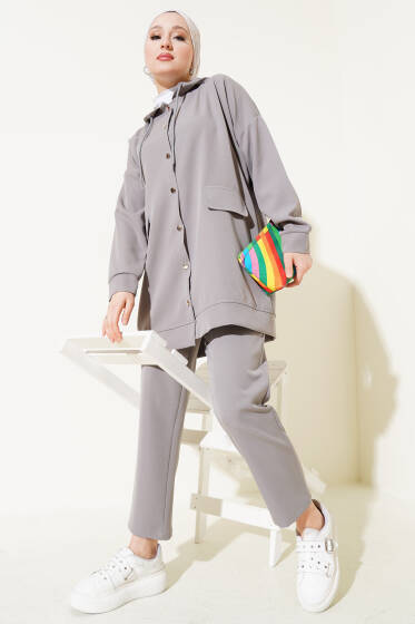 Metal Düğmeli Dabıl İkili Takım Gri - İkili Takım