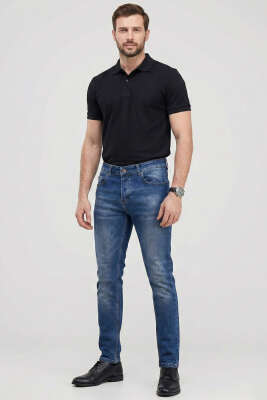 Metal Düğmeli Dar Paça Erkek Kot Pantolon Koyu Mavi - Erkek Jean