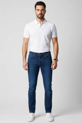 Metal Düğmeli Dar Paça Erkek Kot Pantolon Lacivert - Erkek Jean