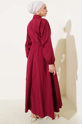Metal Düğmeli Elbise Bordo - Tesettür Elbise