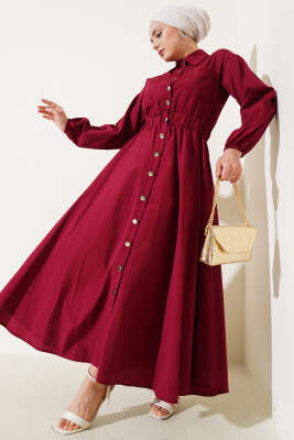 Metal Düğmeli Elbise Bordo 