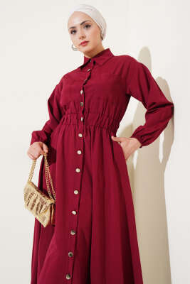 Metal Düğmeli Elbise Bordo - Tesettür Elbise