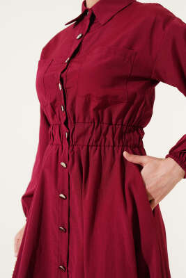 Metal Düğmeli Elbise Bordo - Tesettür Elbise