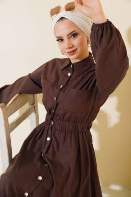Metal Düğmeli Elbise Kahve - Tesettür Elbise