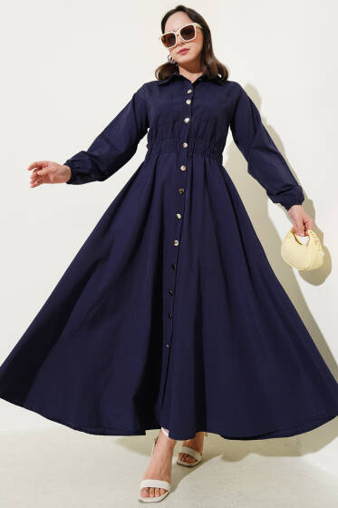 Metal Düğmeli Elbise Lacivert - Elbise