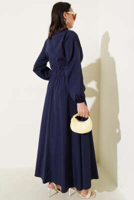 Metal Düğmeli Elbise Lacivert - Tesettür Elbise