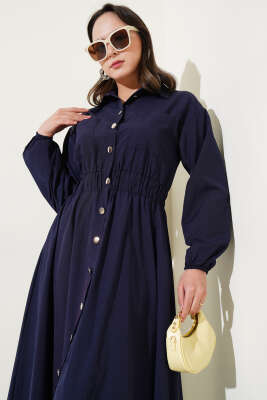 Metal Düğmeli Elbise Lacivert - Tesettür Elbise