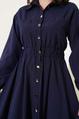 Metal Düğmeli Elbise Lacivert - Tesettür Elbise