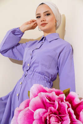 Metal Düğmeli Elbise Lila - Tesettür Elbise