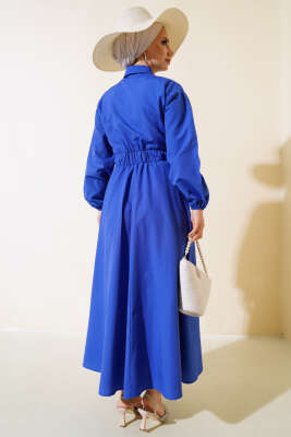 Metal Düğmeli Elbise Saks - Tesettür Elbise