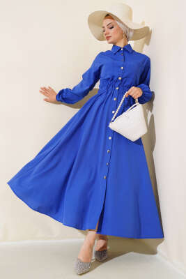 Metal Düğmeli Elbise Saks - Tesettür Elbise